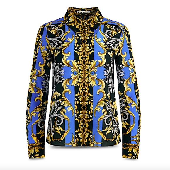 Alice and Olivia Willa Printed Silk Placket Top - Picture 2 of 12